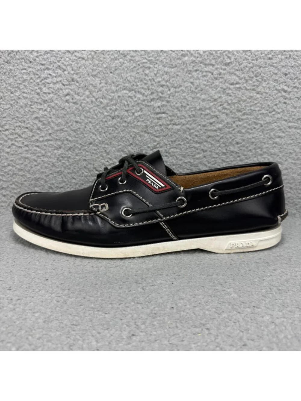 Prada Boat Shoes Men 11 / UK 10 Black Brushed Spazzolato Leather Lace Up Loafers